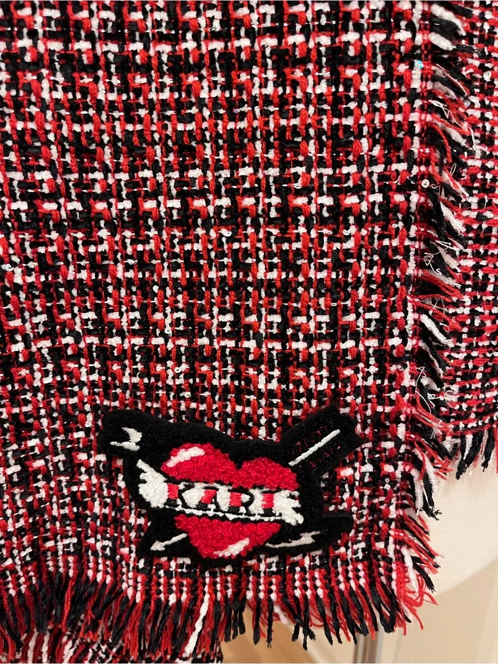 NWT Karl Lagerfeld Tweed Fringe Shawl - Red, White & Black with KARL Heart Patch